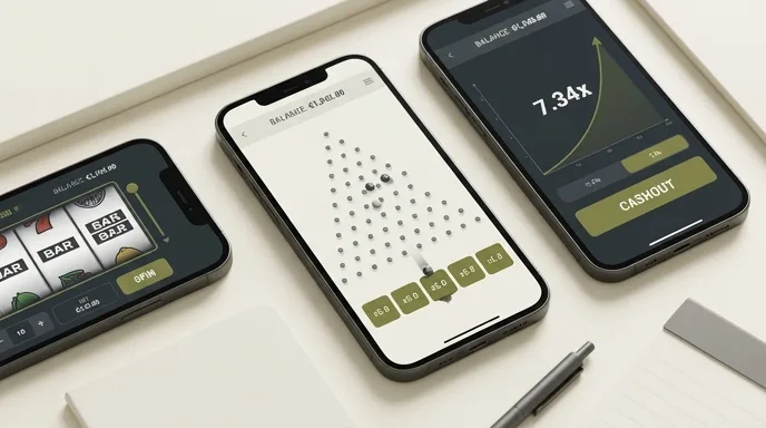 Tavola di Plinko su uno smartphone con la piramide di pioli e la pallina che cade verso le caselle dei moltiplicatori in euro