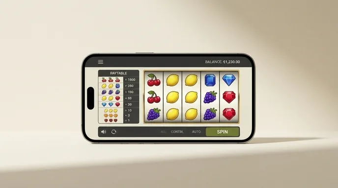 Rulli di una slot nell'app Winnita su smartphone con pulsante spin in evidenza e saldo in euro