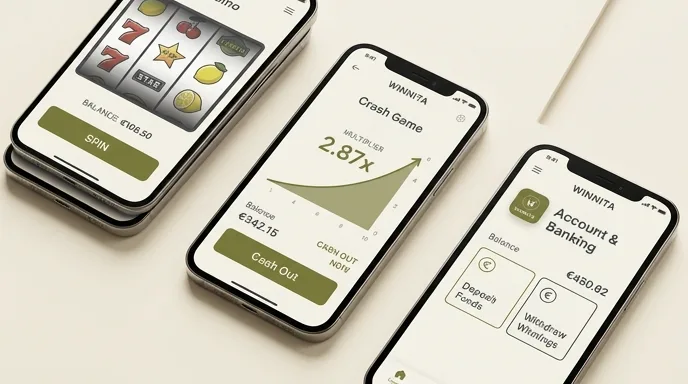 Schermata di installazione dell'app Winnita su smartphone con icona sulla home e schede deposito e prelievo