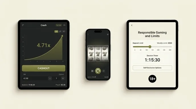 Schermata con limiti di deposito, timer di sessione, opzione di autoesclusione e badge 18+ su interfaccia avorio